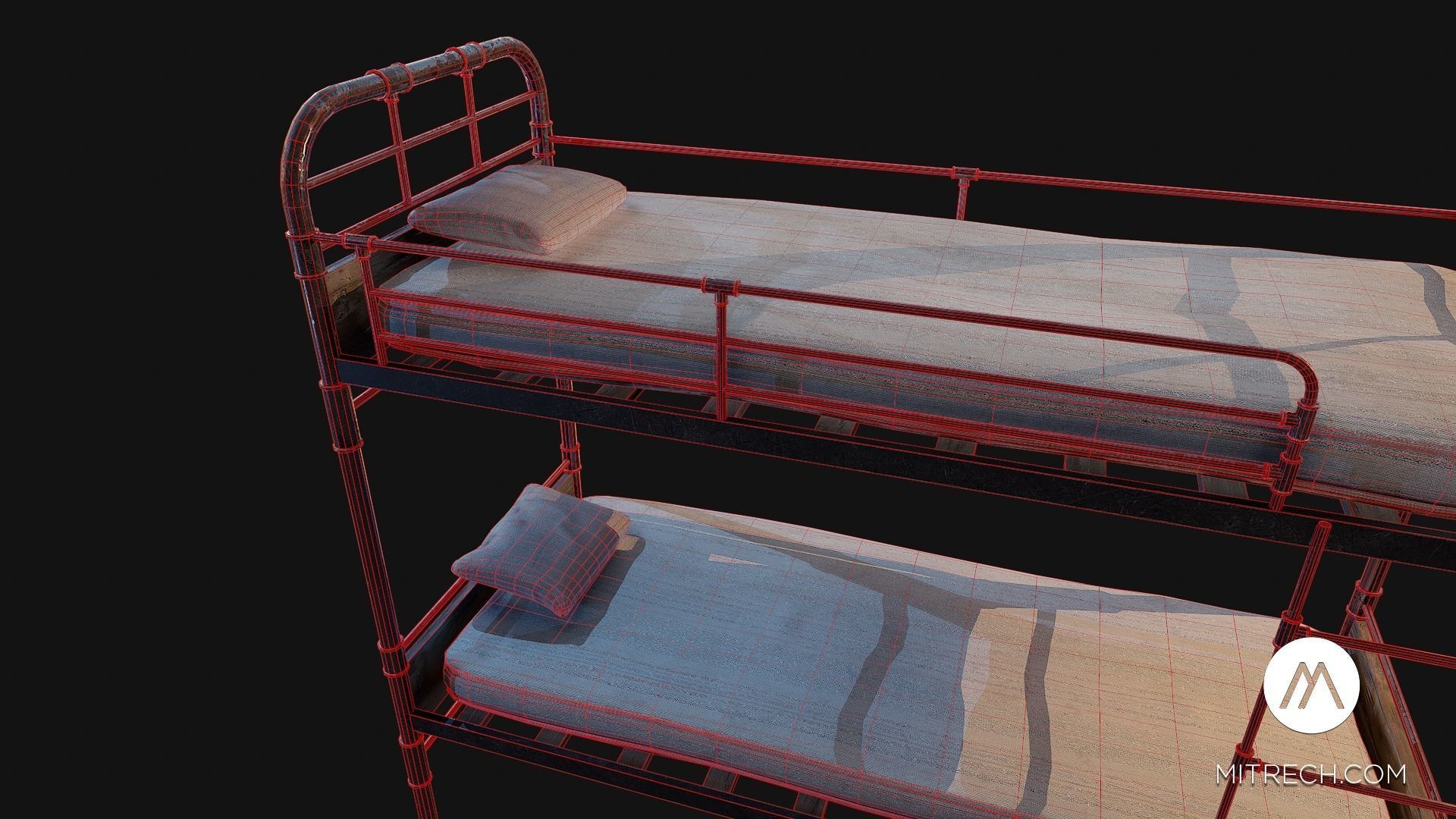 PBR Bunk Bed with Mattress and Pillows Low-poly 3D model_15