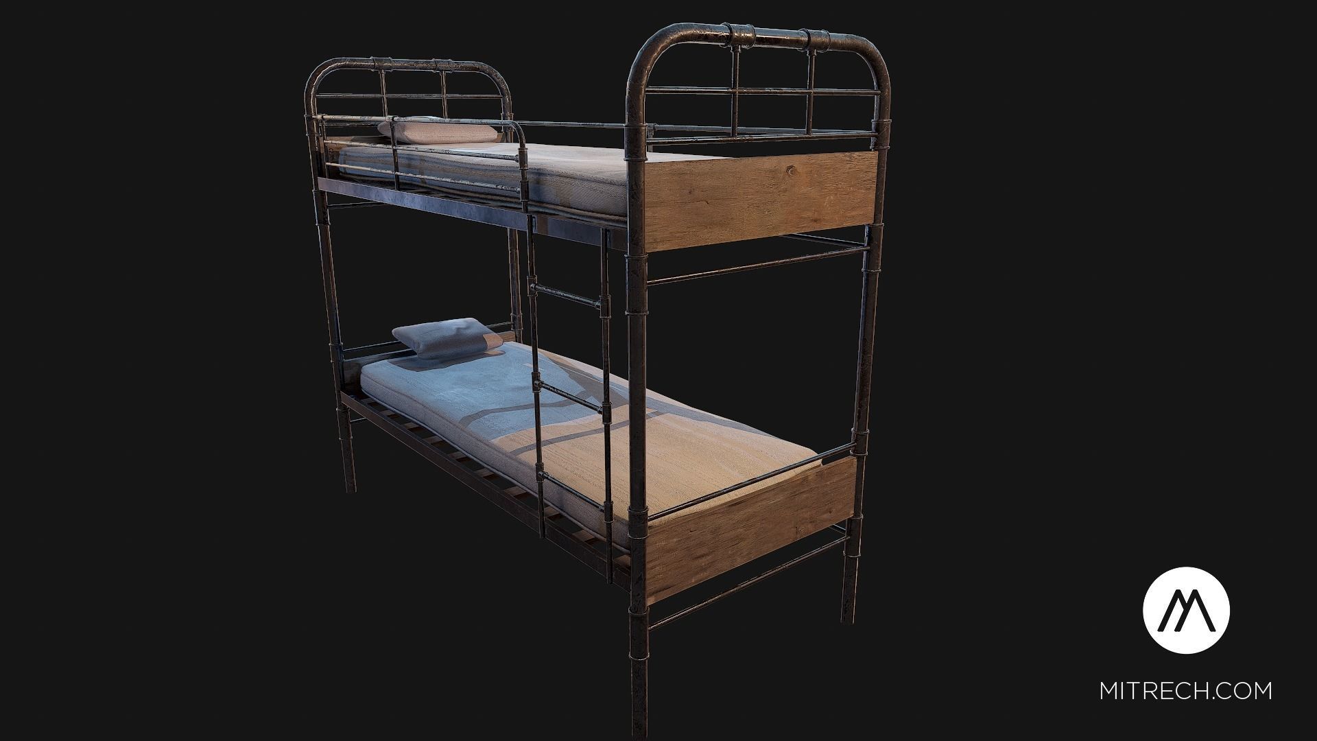 PBR Bunk Bed with Mattress and Pillows Low-poly 3D model_5
