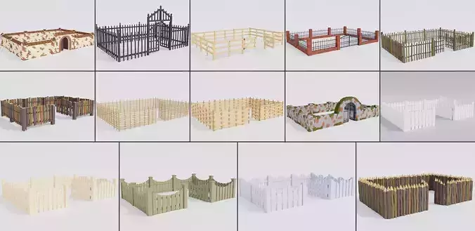 Low poly set of fences Low-poly 3D model