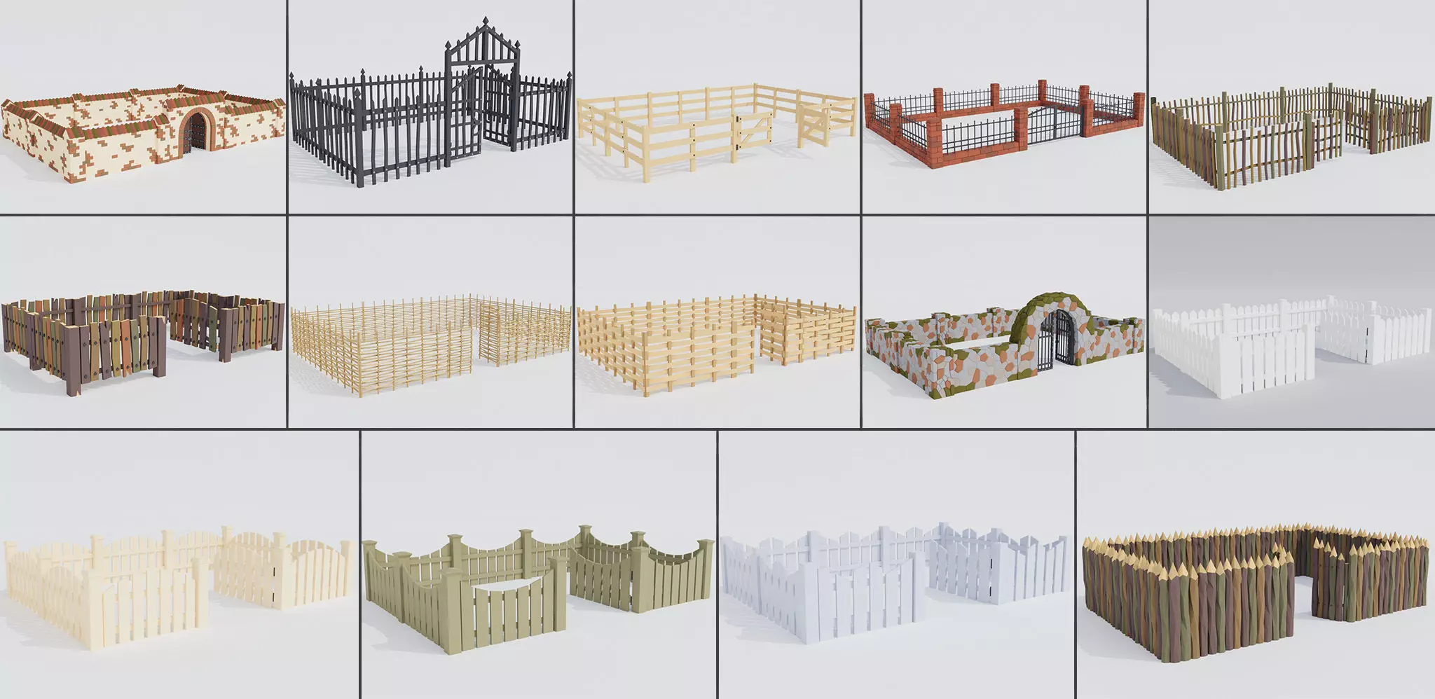 Low poly set of fences Low-poly 3D model_0