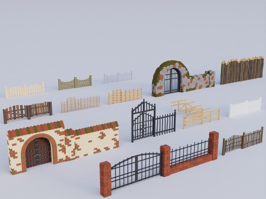 Low poly set of fences Low-poly 3D model_2
