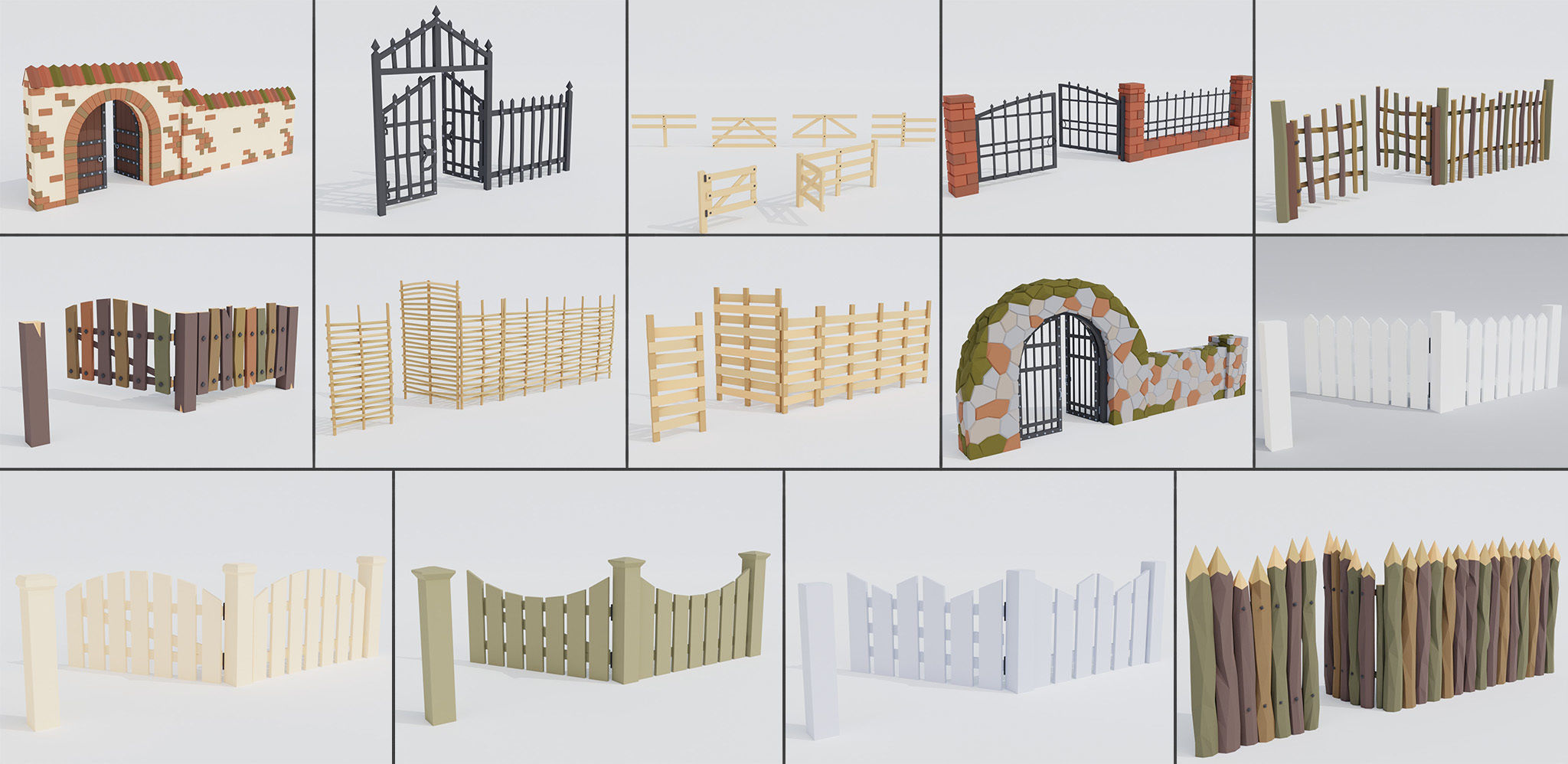 Low poly set of fences Low-poly 3D model_1