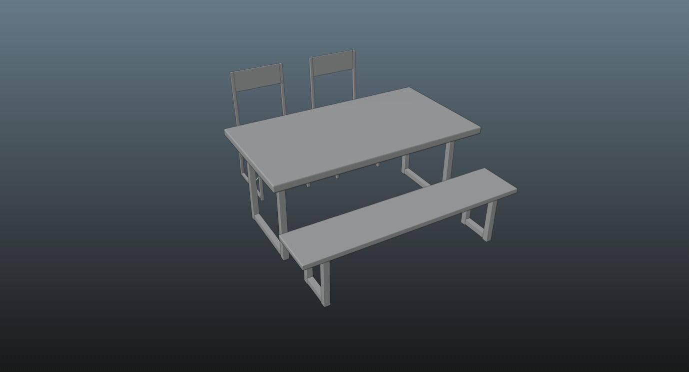 Table Set with 2 Chair and Bench 3D model_4