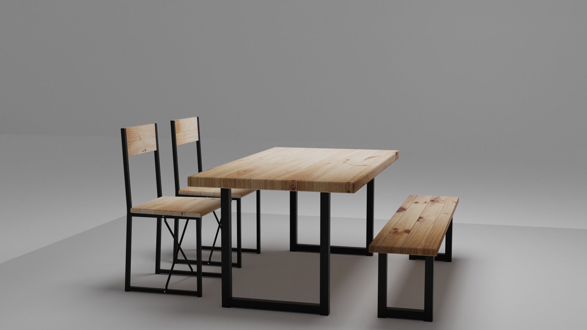 Table Set with 2 Chair and Bench 3D model_2