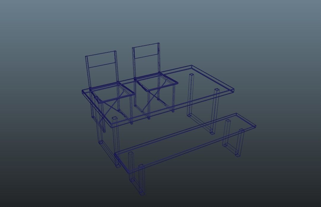 Table Set with 2 Chair and Bench 3D model_7