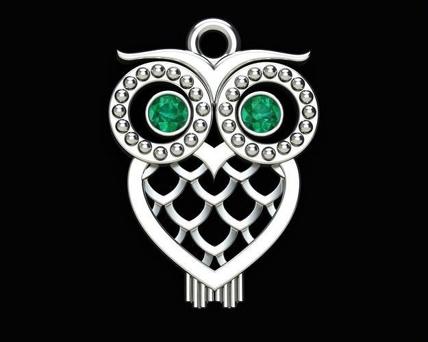 Owl Pendant Heart Shaped with Gems in the Eyes Birds Fantasy 3D print model