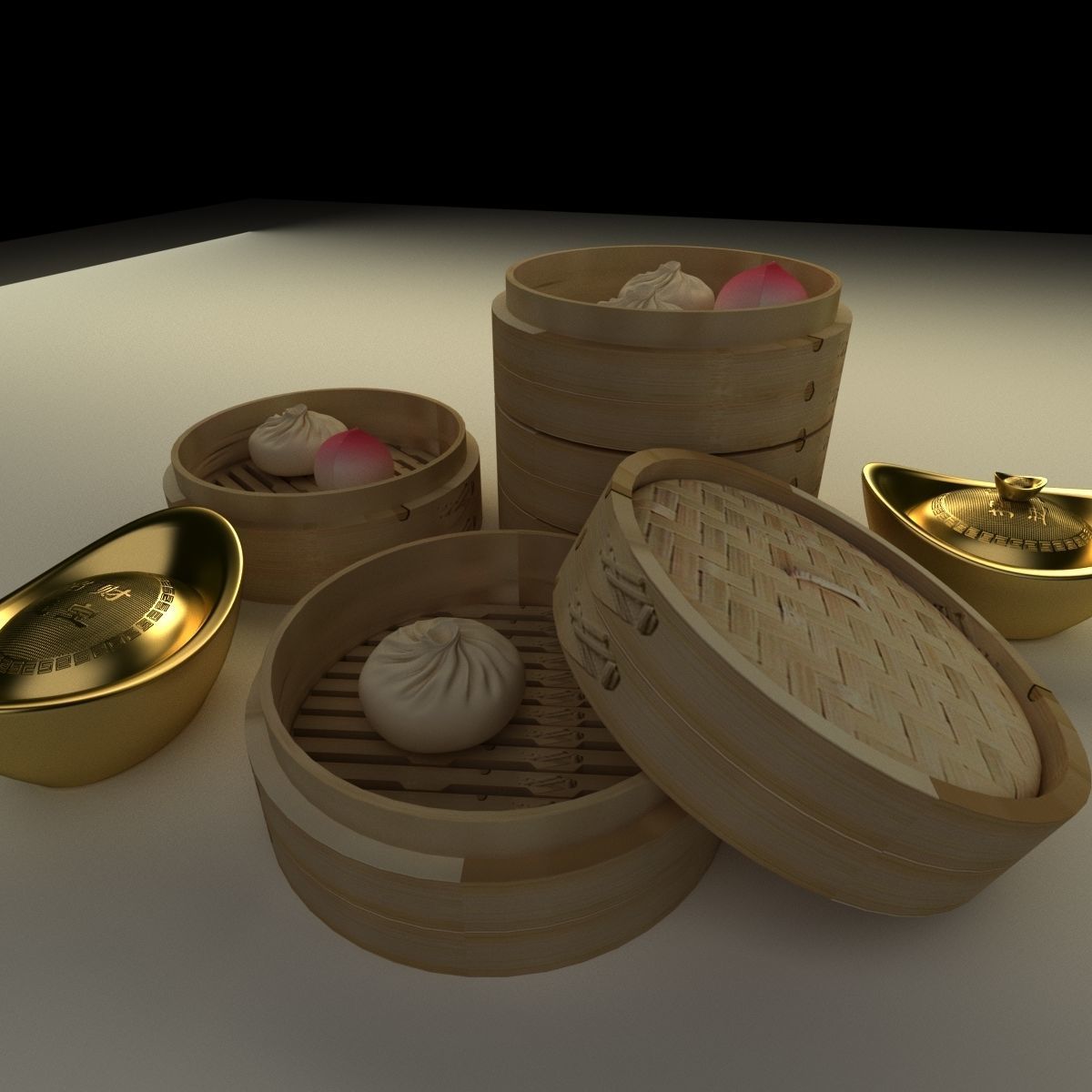 Chinese bamboo steamer with buns and yuanbaos 3D model_3