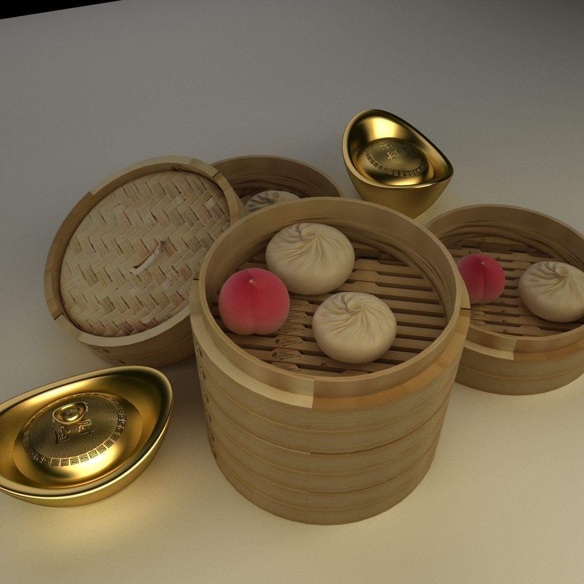 Chinese bamboo steamer with buns and yuanbaos 3D model_4
