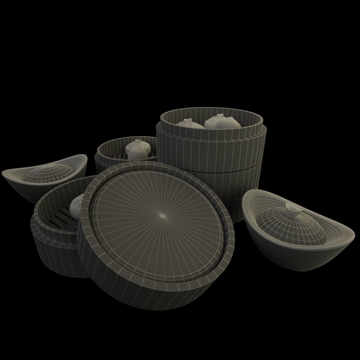 Chinese bamboo steamer with buns and yuanbaos 3D model_6