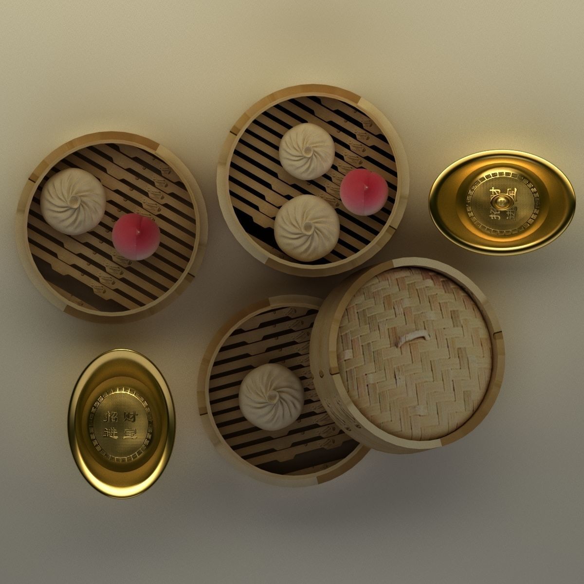 Chinese bamboo steamer with buns and yuanbaos 3D model_1