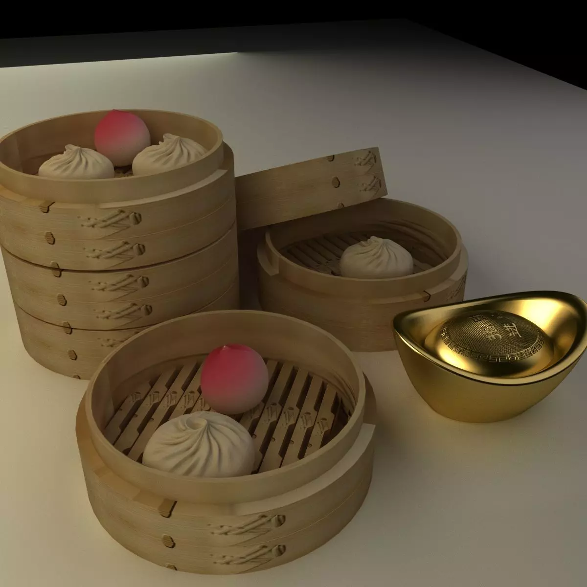 Chinese bamboo steamer with buns and yuanbaos 3D model_0