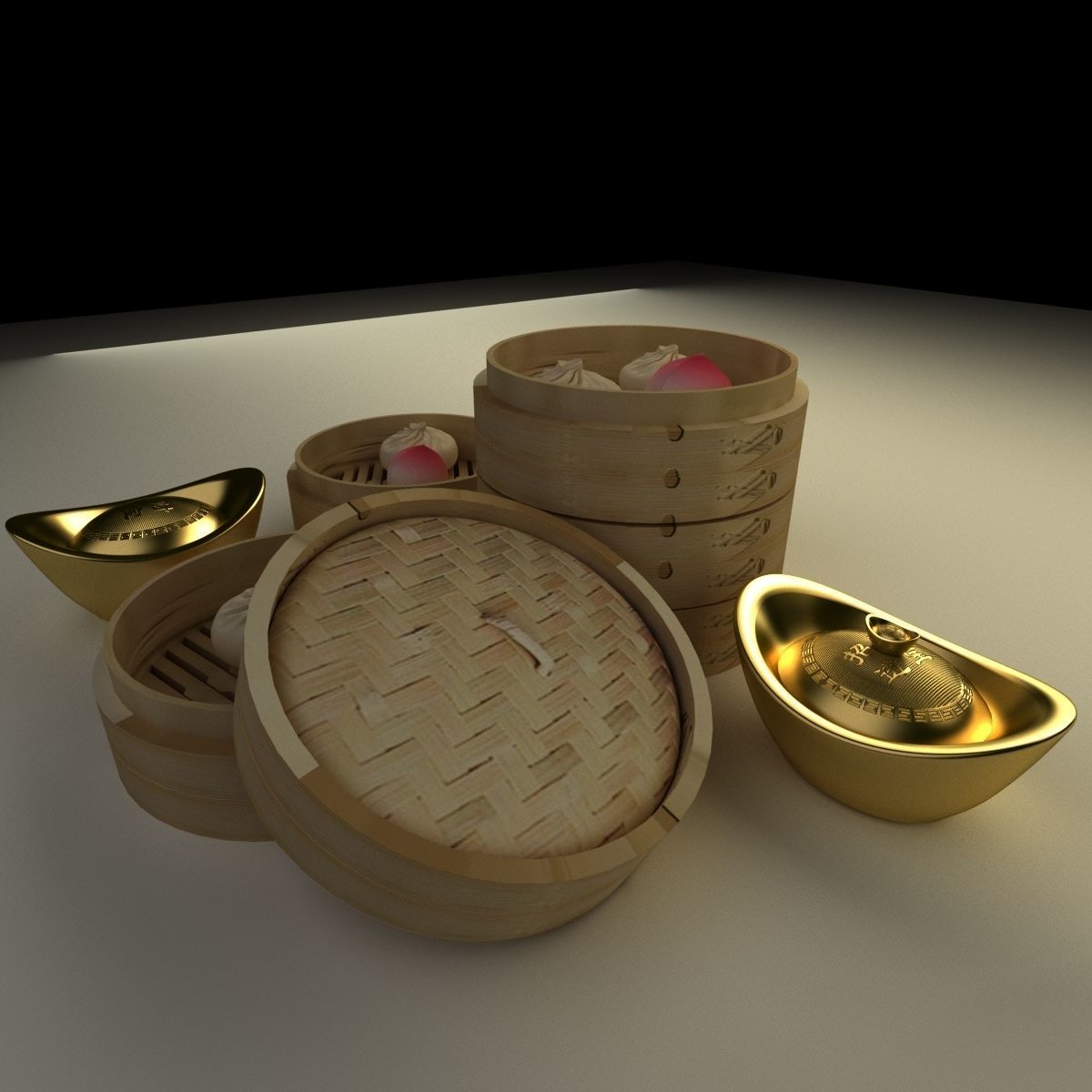 Chinese bamboo steamer with buns and yuanbaos 3D model_2