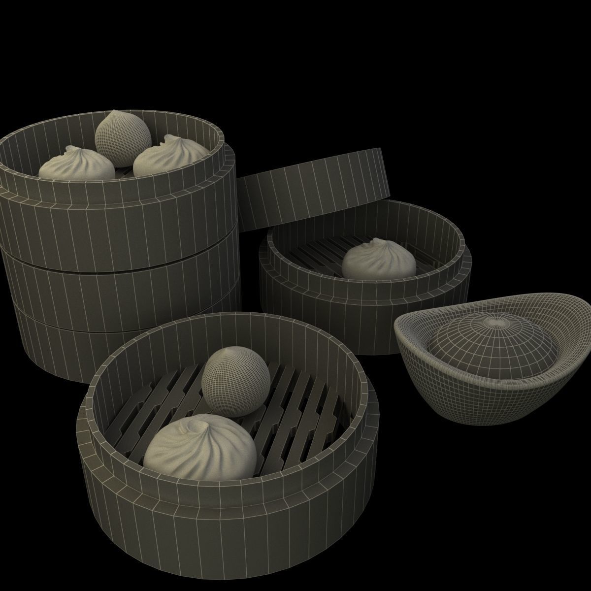 Chinese bamboo steamer with buns and yuanbaos 3D model_5