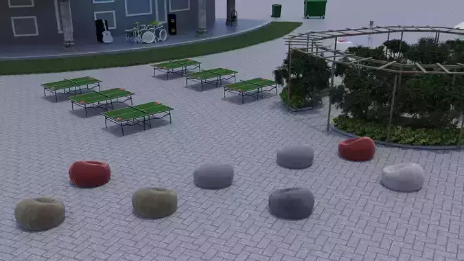 Street park with tables and chairs Low-poly 3D model