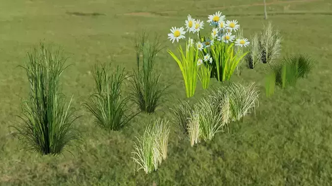 LOWPOLY GRASS set 2 and flowers in field Low-poly 3D model