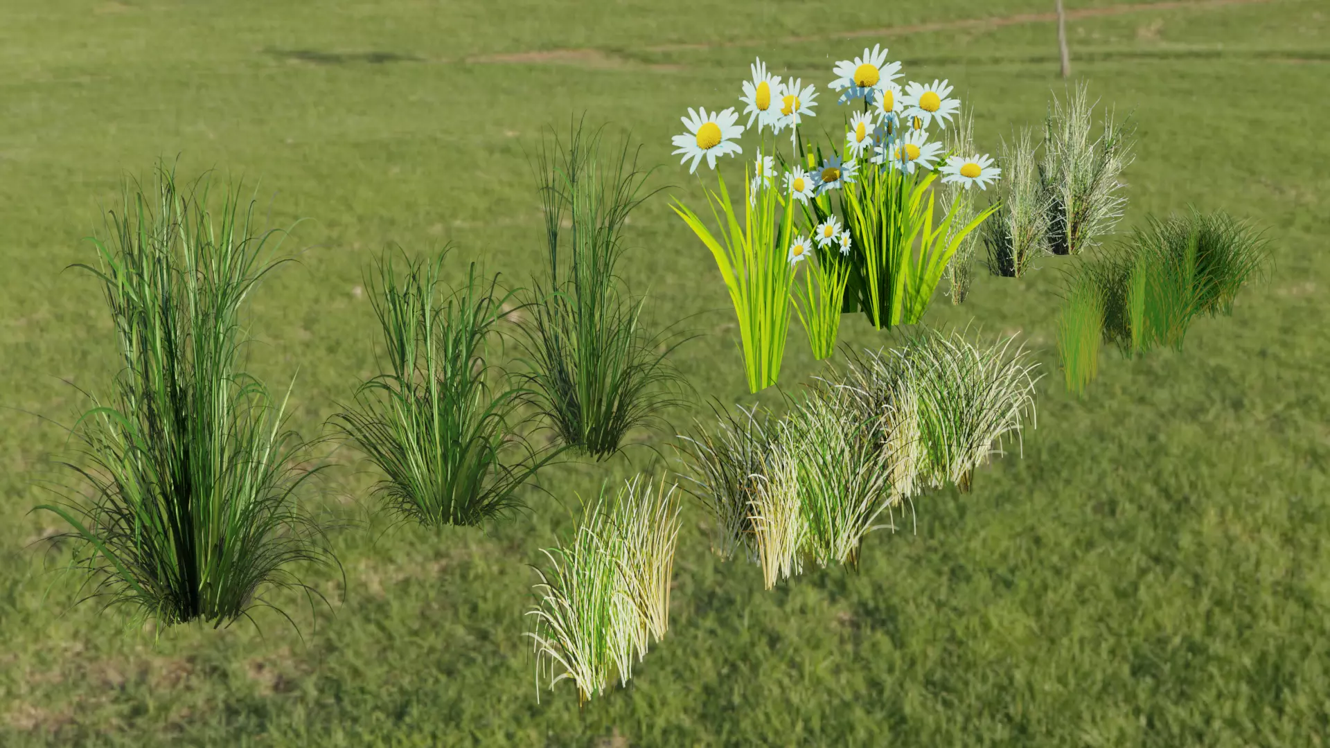 LOWPOLY GRASS set 2 and flowers in field Low-poly 3D model