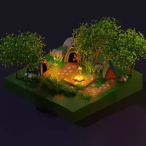 Low Poly Camp camping with tents and trees Low-poly 3D model