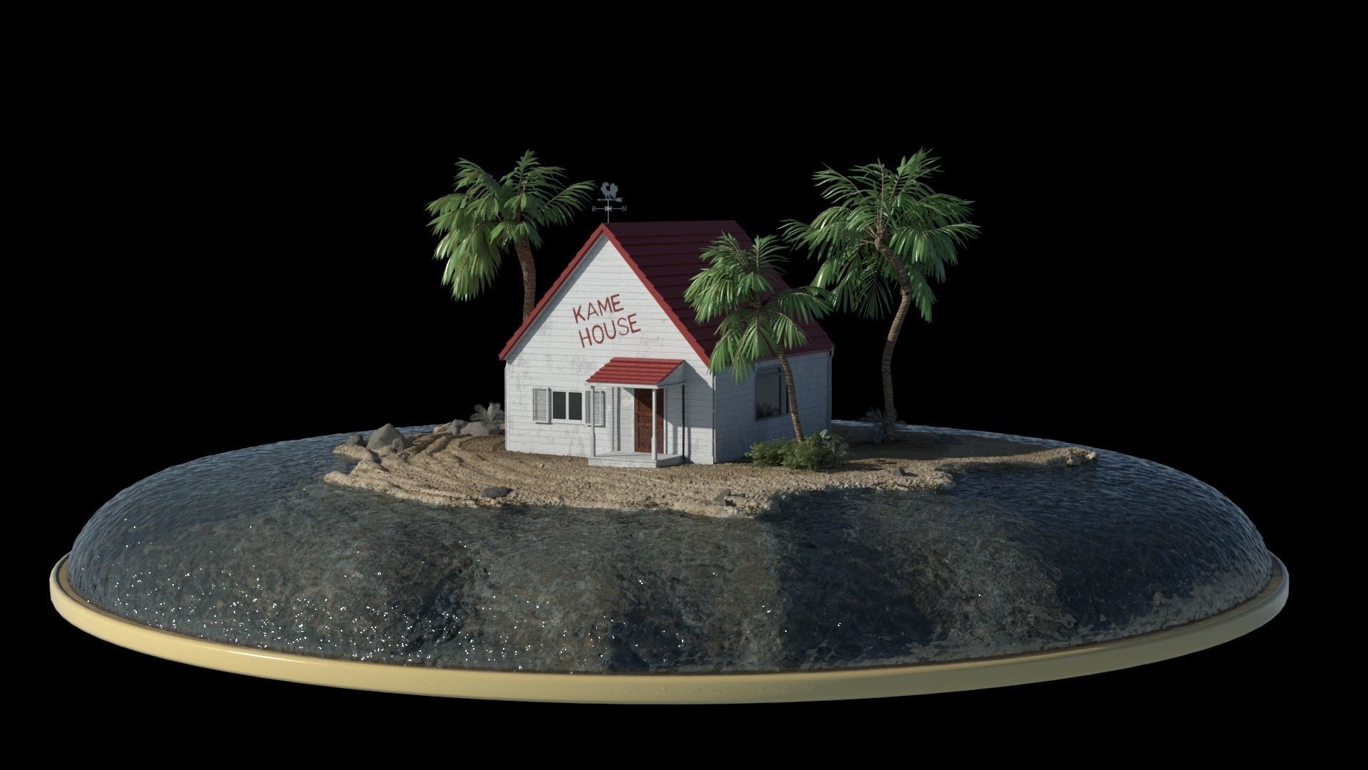 Kamehouse island with house and palm trees 3D model_1