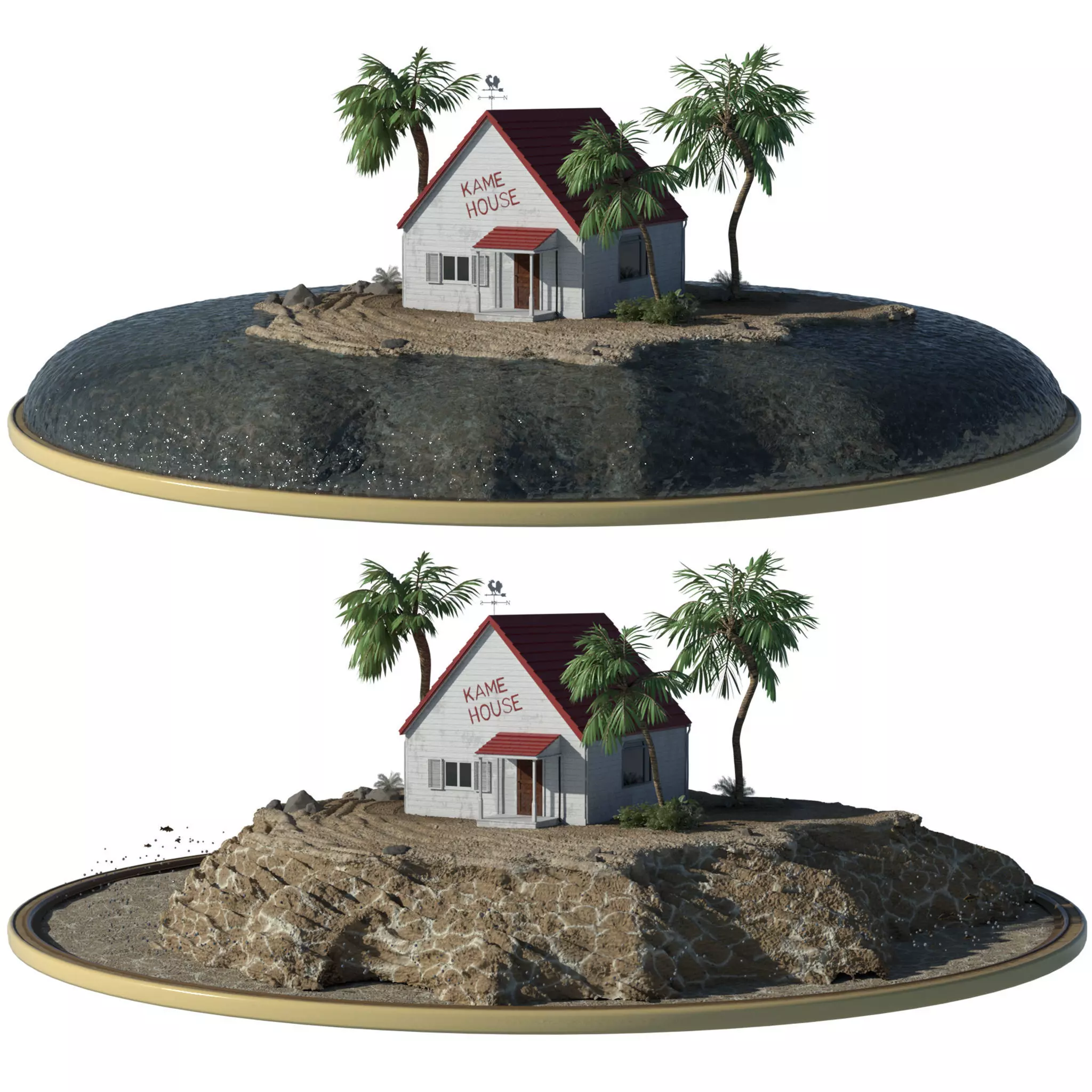 Kamehouse island with house and palm trees 3D model_0
