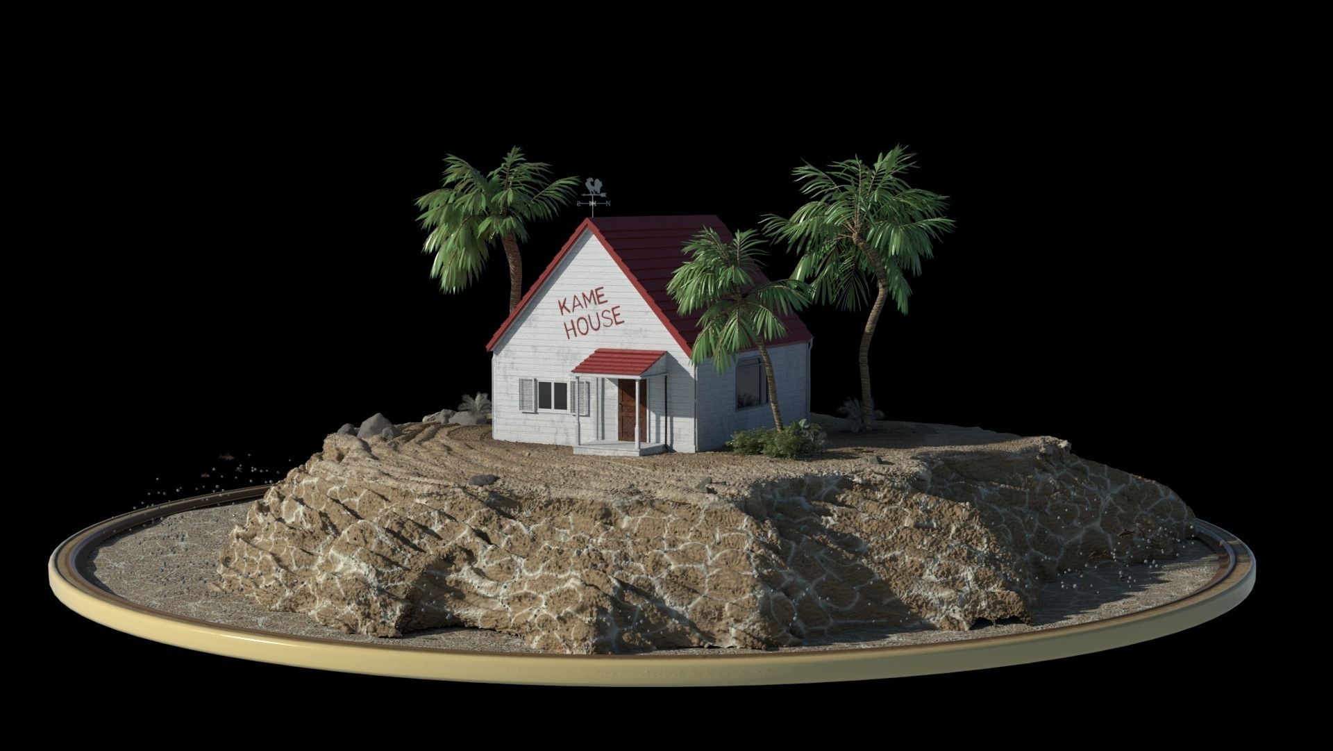 Kamehouse island with house and palm trees 3D model_2