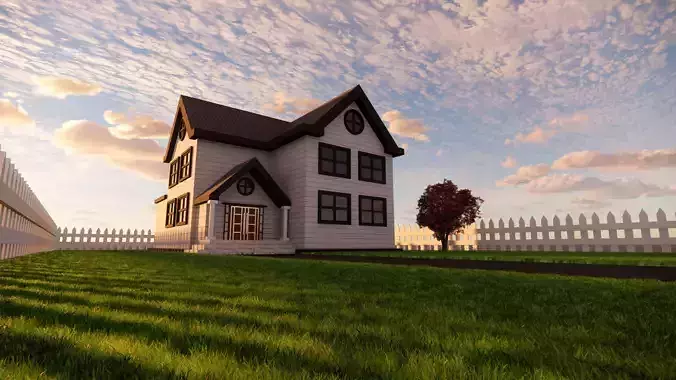 3D Villa 3 Model house on grassy field with picket fence 3D model