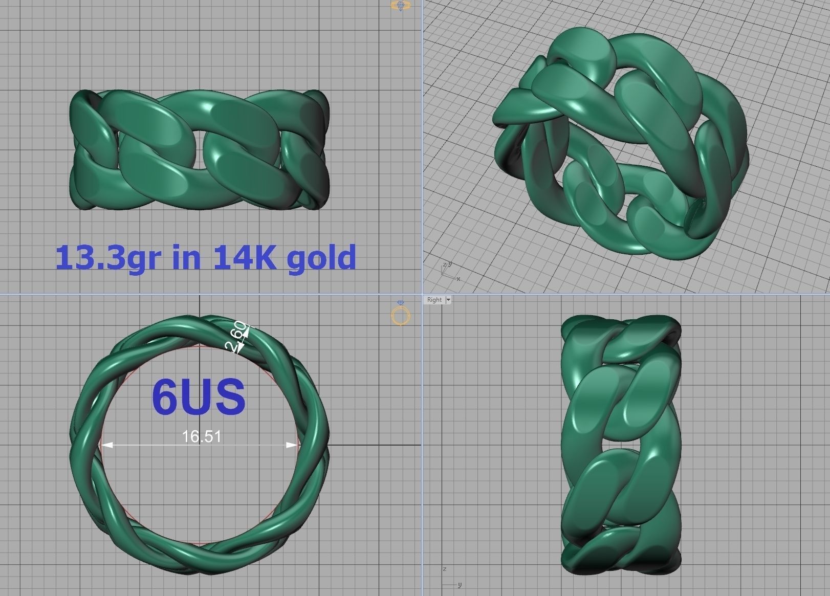 Cuban Link Chain Ring 10mm Wide ALL US-Chart FINGER SIZES 3D print model_17