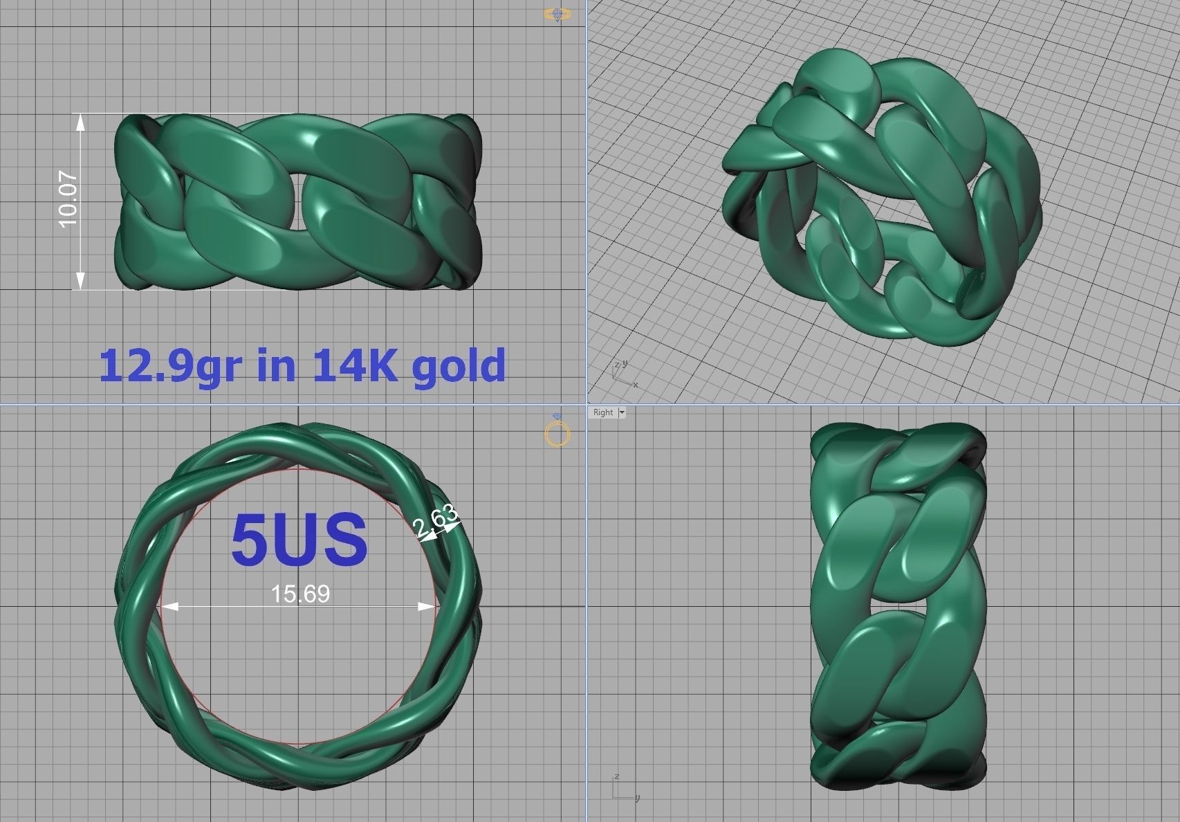 Cuban Link Chain Ring 10mm Wide ALL US-Chart FINGER SIZES 3D print model_18
