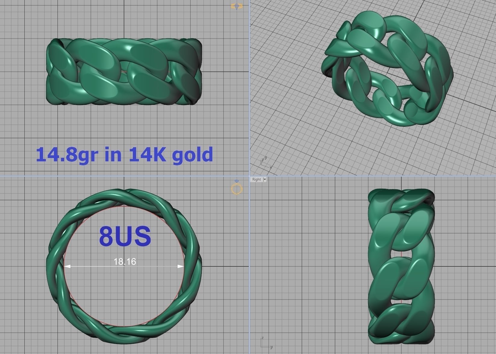 Cuban Link Chain Ring 10mm Wide ALL US-Chart FINGER SIZES 3D print model_20