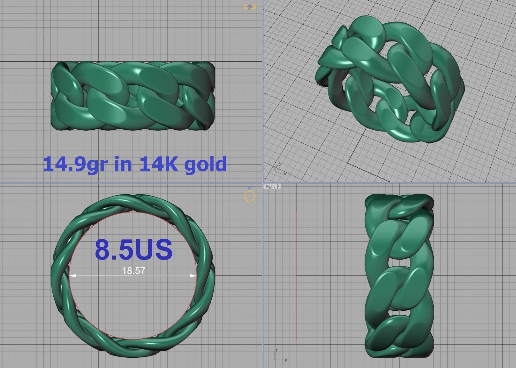 Cuban Link Chain Ring 10mm Wide ALL US-Chart FINGER SIZES 3D print model_21