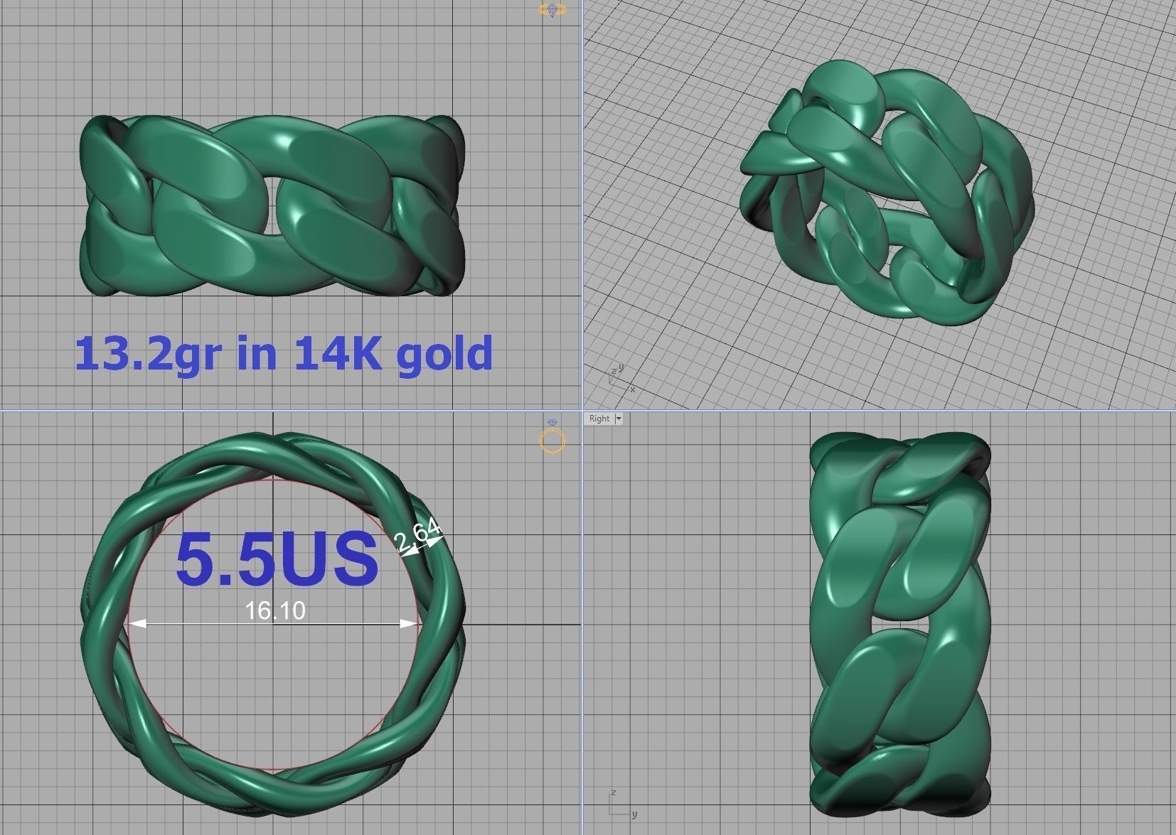 Cuban Link Chain Ring 10mm Wide ALL US-Chart FINGER SIZES 3D print model_25