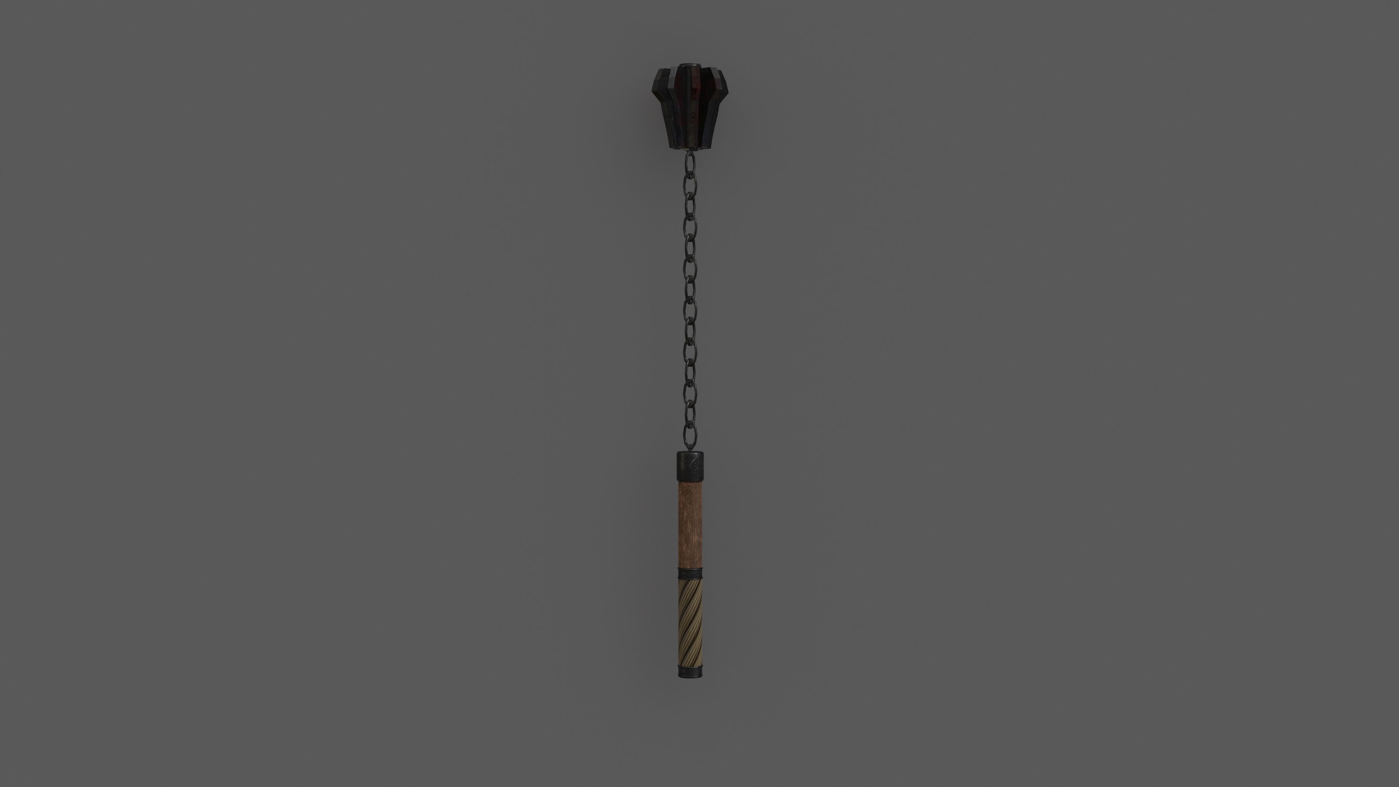 Flail Game ready wooden stick hanging from chain Low-poly 3D model_8