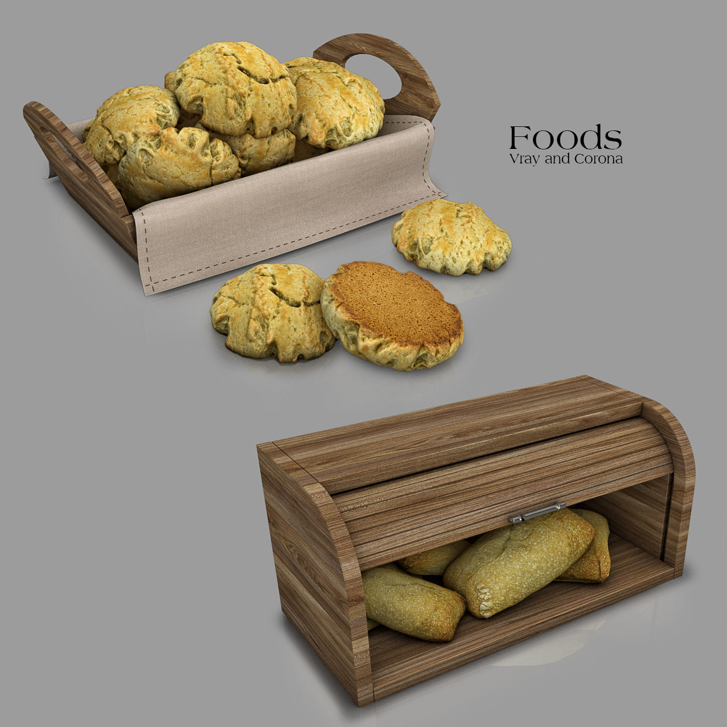 Foods cake and cup of coffee on wooden tray Low-poly 3D model_3