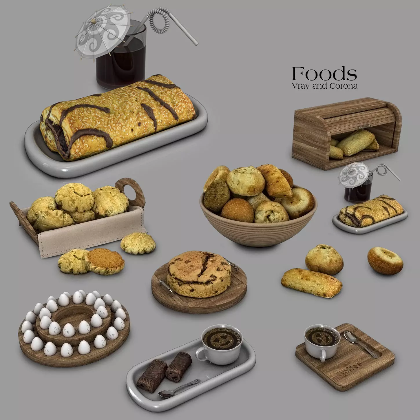 Foods cake and cup of coffee on wooden tray Low-poly 3D model_0