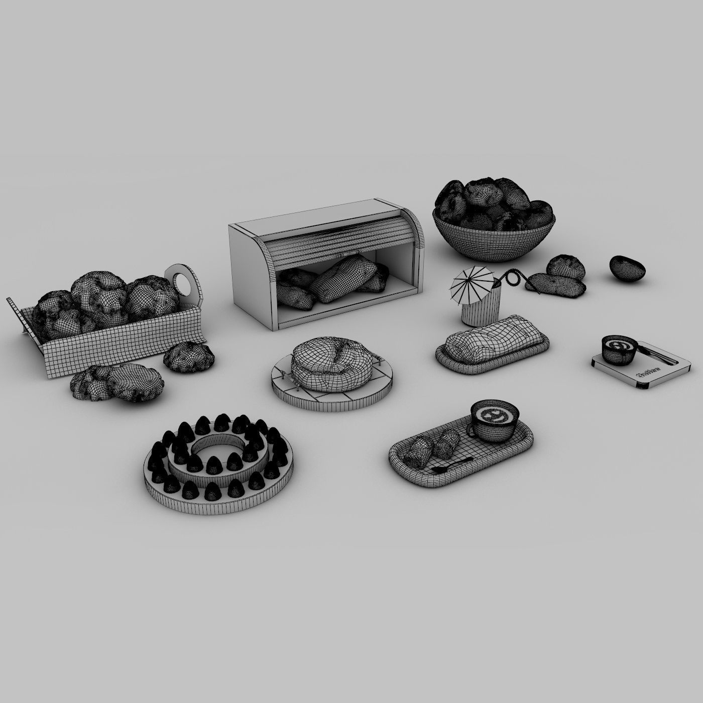 Foods cake and cup of coffee on wooden tray Low-poly 3D model_4