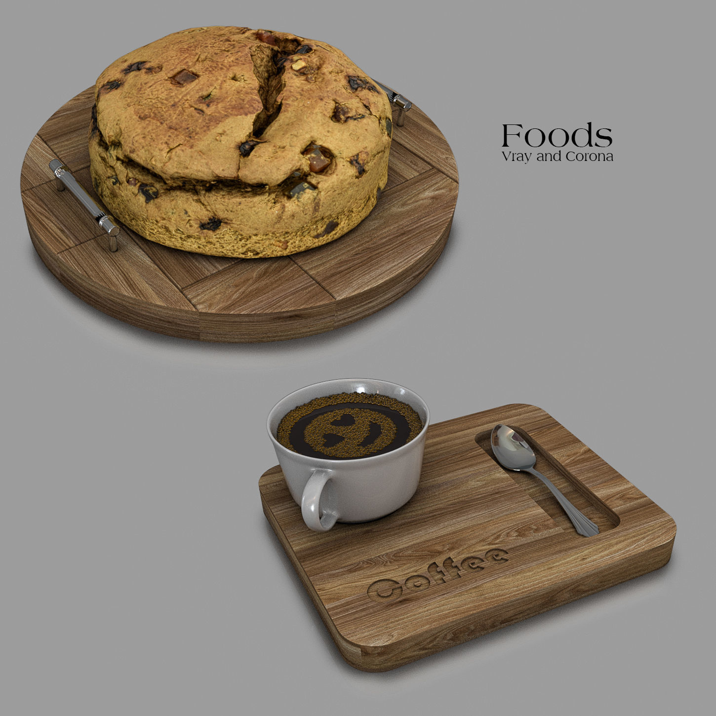 Foods cake and cup of coffee on wooden tray Low-poly 3D model_2