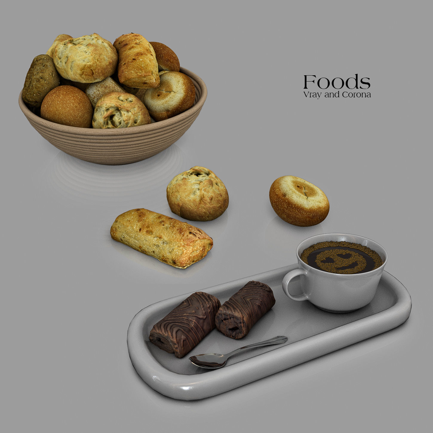Foods cake and cup of coffee on wooden tray Low-poly 3D model_1