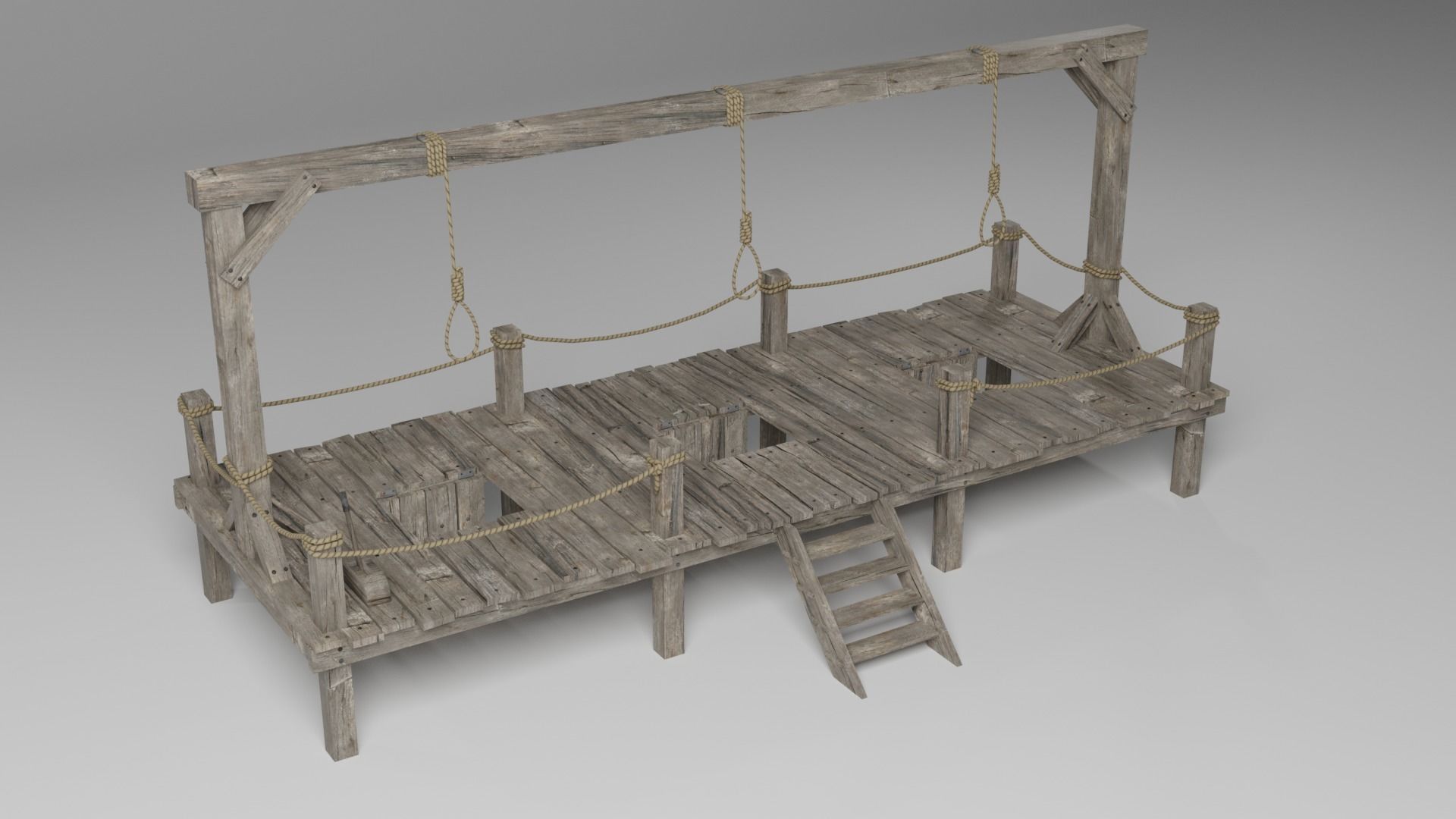Gallow wooden platform with ropes 3D model_3