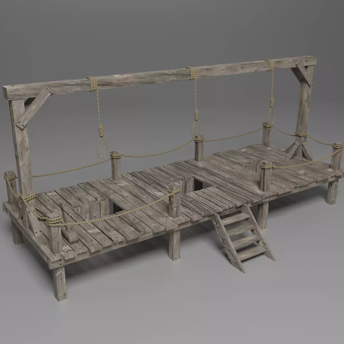 Gallow wooden platform with ropes 3D model_0