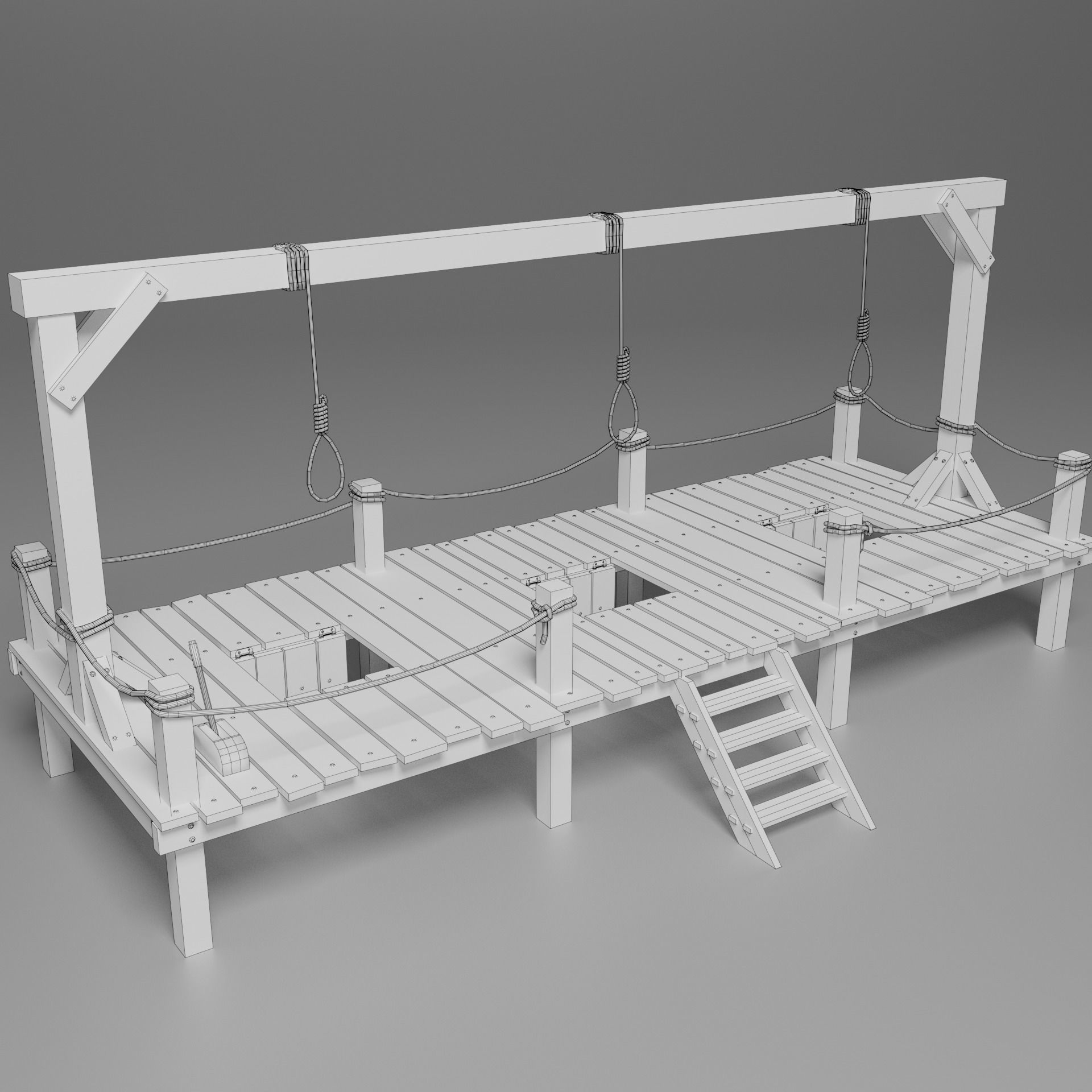 Gallow wooden platform with ropes 3D model_6