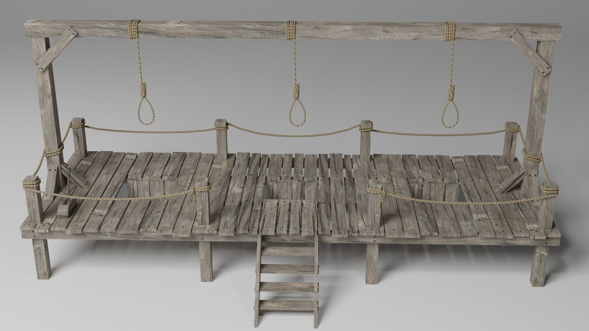 Gallow wooden platform with ropes 3D model_5