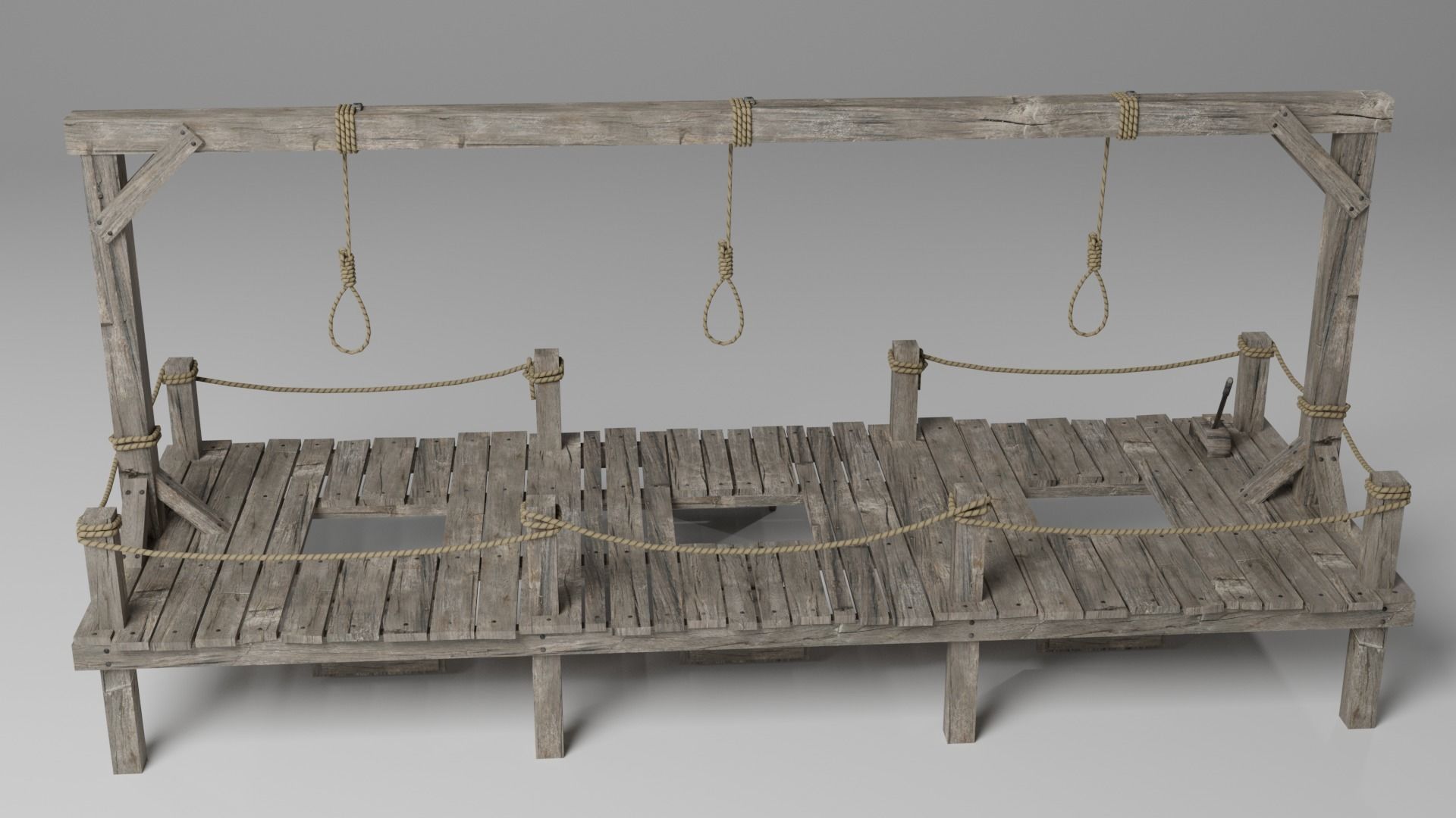 Gallow wooden platform with ropes 3D model_4