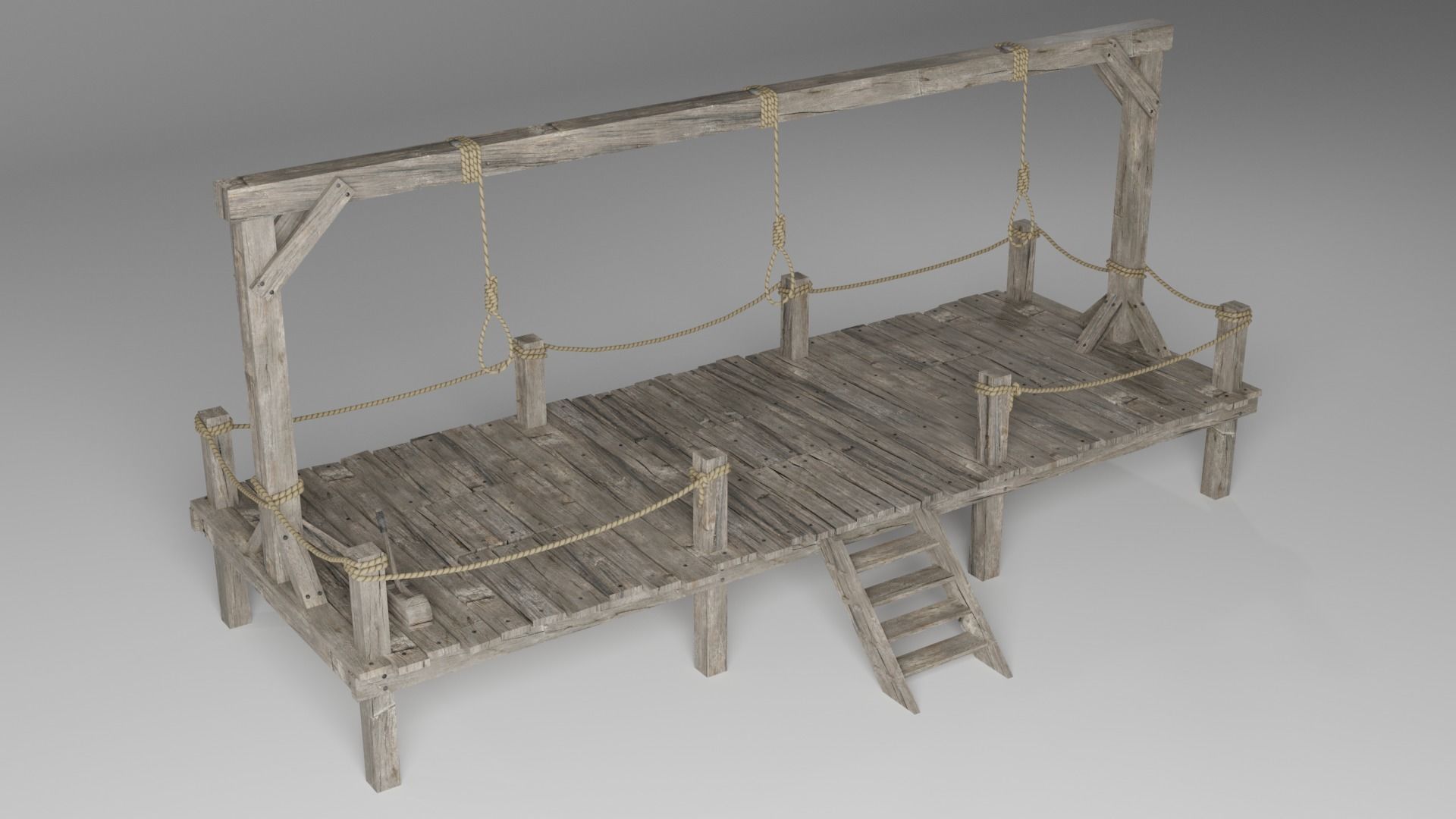 Gallow wooden platform with ropes 3D model_2