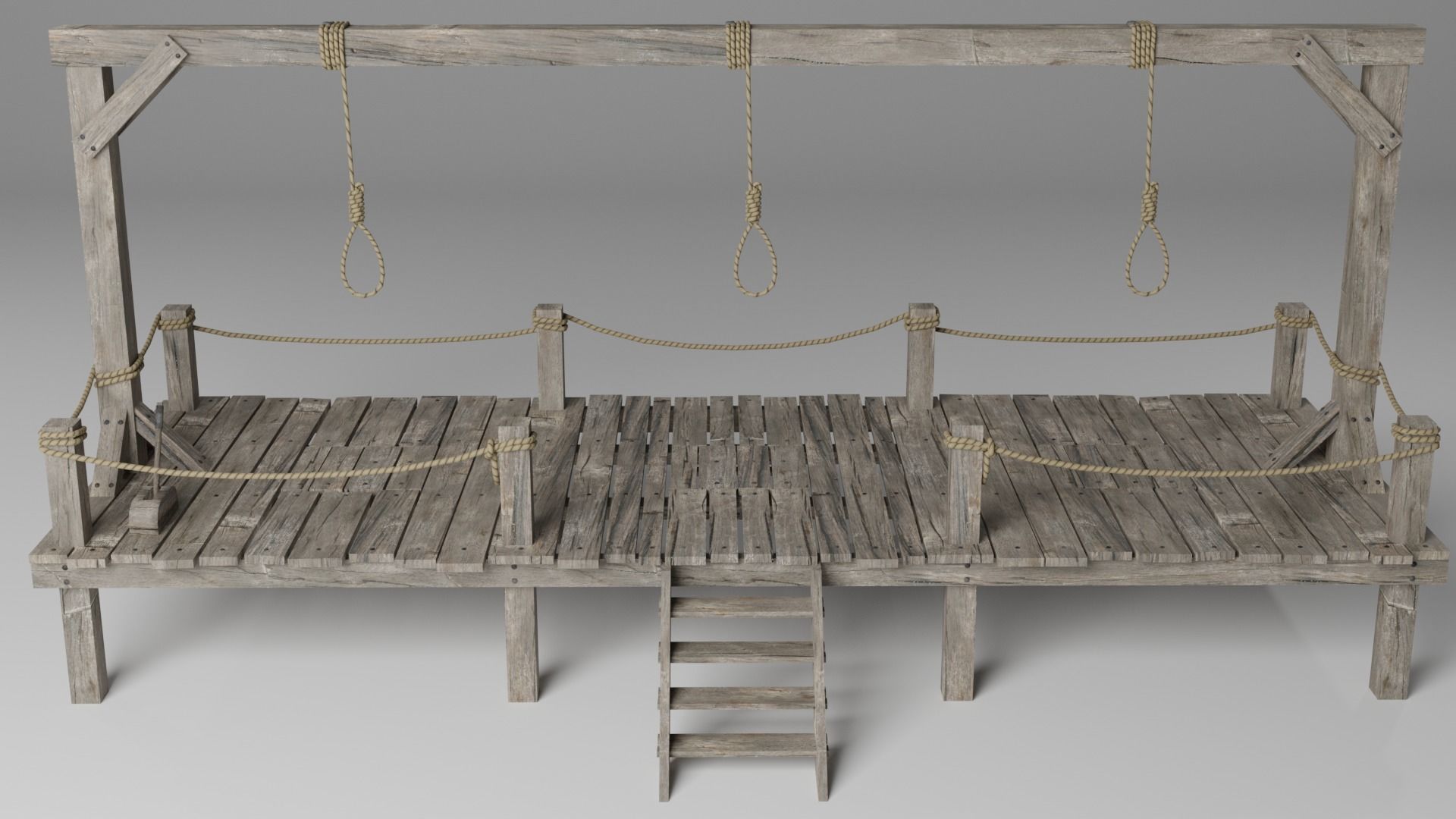 Gallow wooden platform with ropes 3D model_1