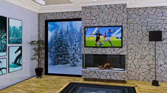 Fireplace with Window Cobblestone Walll