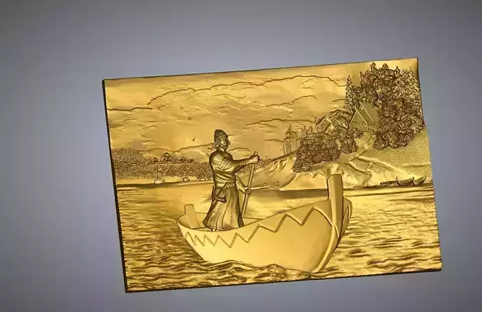 Painting gold medallion with man in boat