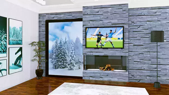 Fireplace with Window Wall Grey Stone