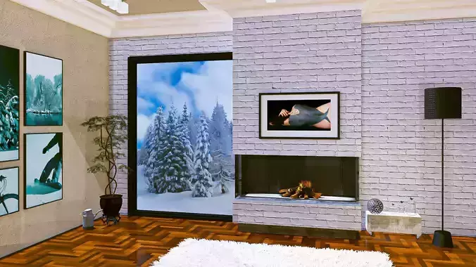 Fireplace with window White Briks Wall