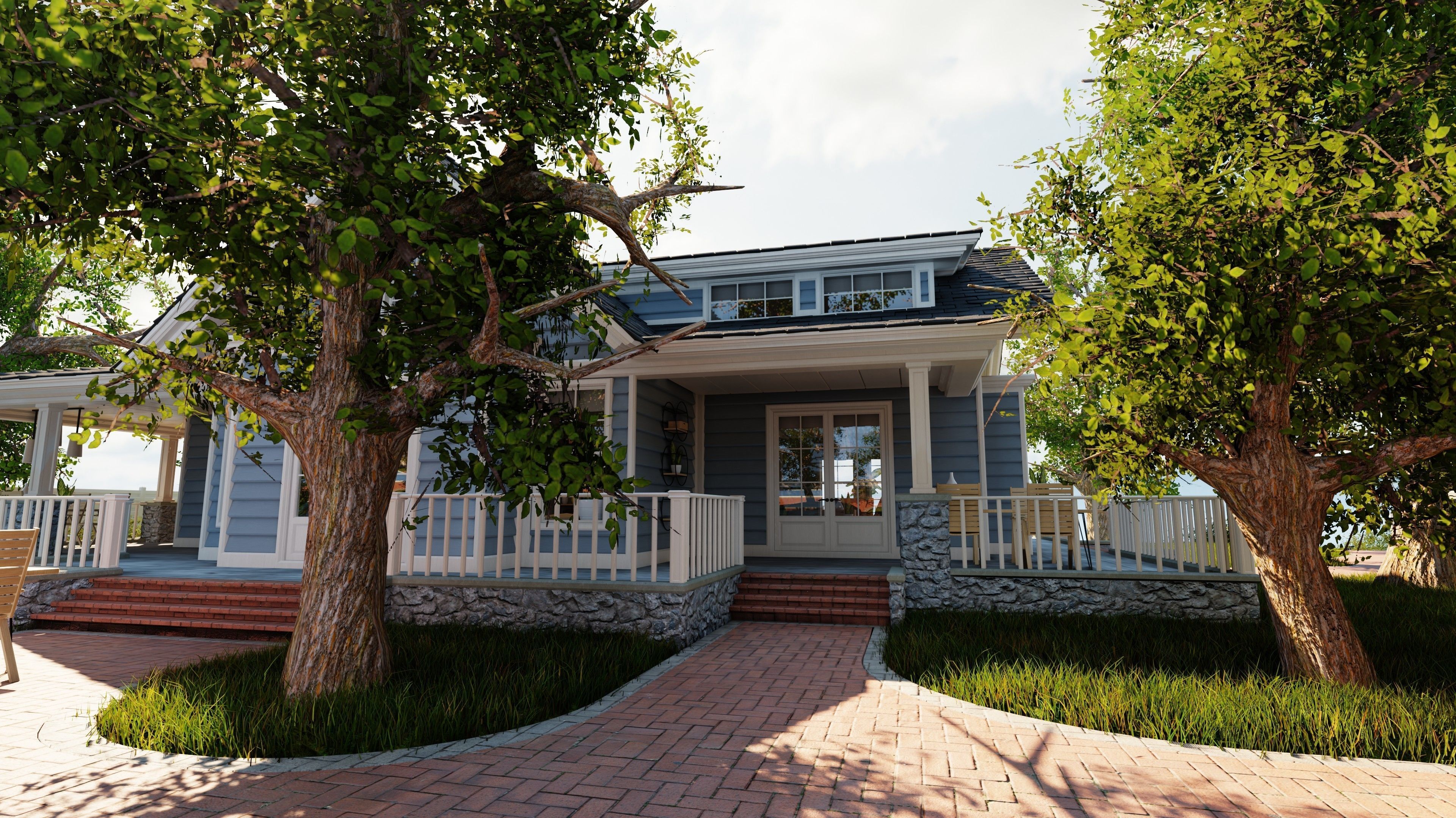 Classic style porch house with furniture Low-poly 3D model_12