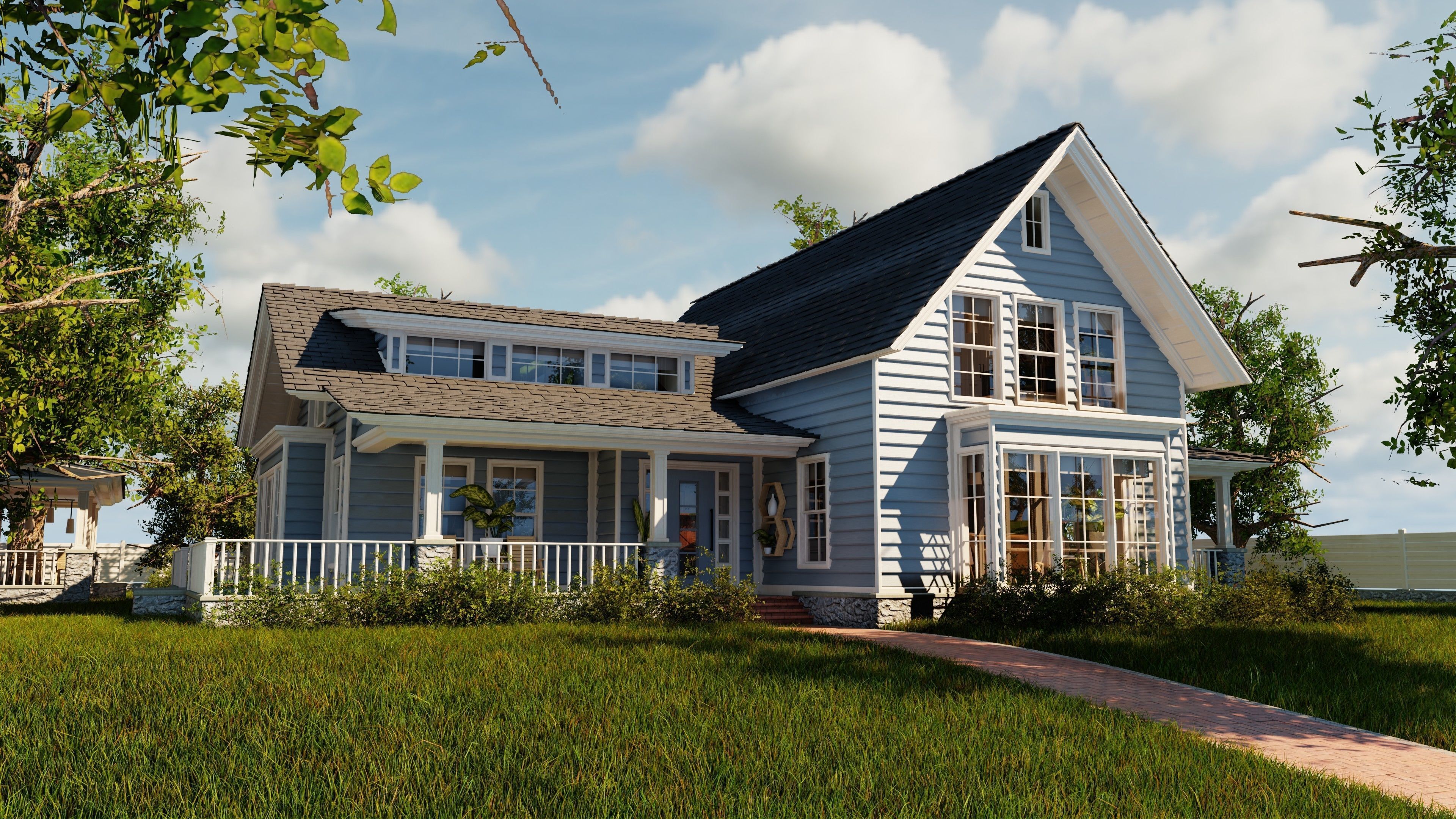 Classic style porch house with furniture Low-poly 3D model_2