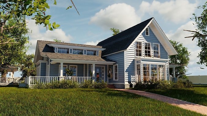 Classic style porch house with furniture Low-poly 3D model 2